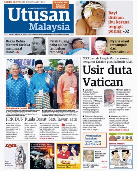 Front Page Utusan Malaysia Saturday 13 July 2013