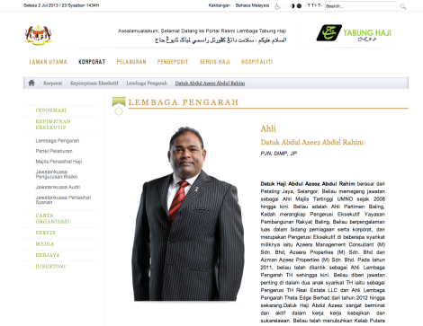 Updated brief resume of Datuk Azeez Rahim, in Tabung Haji website