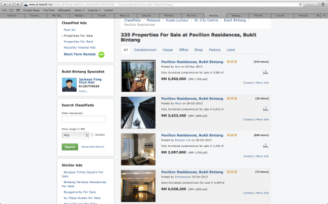 Screenshot of the current market price of a condominium in Pavilion Residences