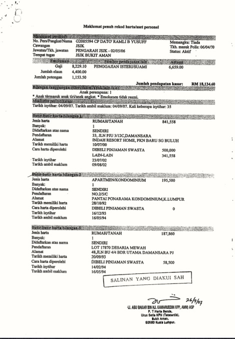 Page 1 of the Ramli Yusuff's list of assets 