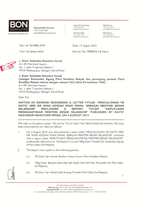Letter from Messrs. Bon & Associates to Saifuddin Nasution Ismail, Pg 1