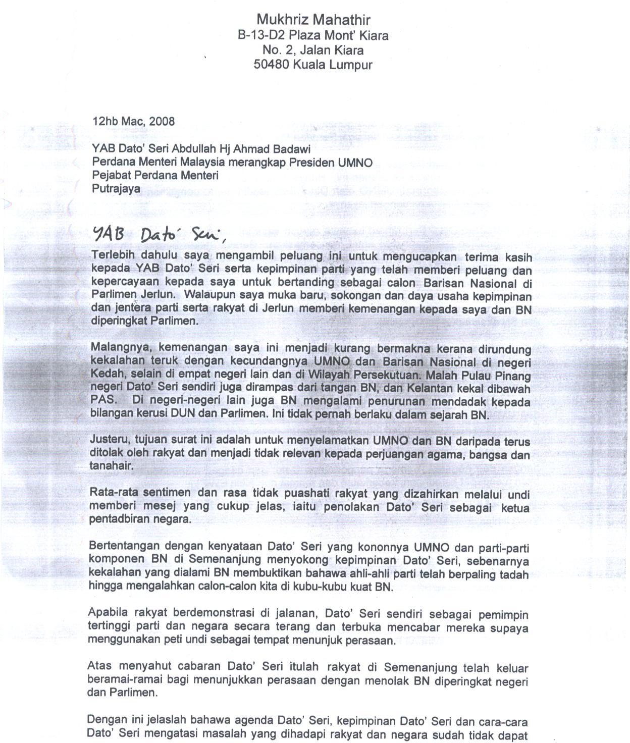 Contoh Surat Rasmi Kepada Menteri Besar Negeri Sembilan Contoh Surat